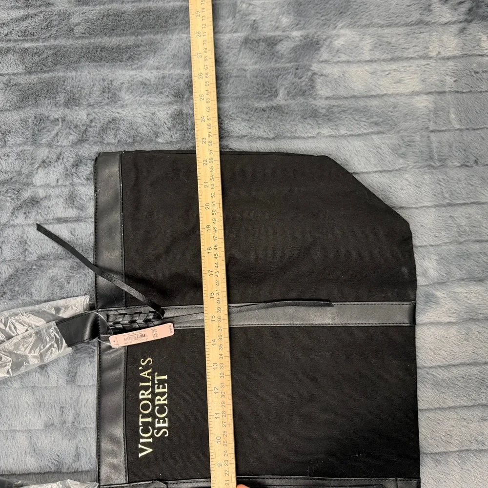 Victoria's Secret Tote Bag Womens OS Black Canvas Faux Leather Braided Tassel